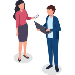 Two People A Woman In A Pink Shirt And A Man In A Blue Jacket Holding A Laptop And A Phone Standing Against A White Background With A Transparent Background