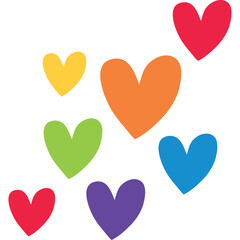 Various Colorful Hearts Scattered Artistically on a White Background Representing Love and Diversity with a Simple Artistic Style