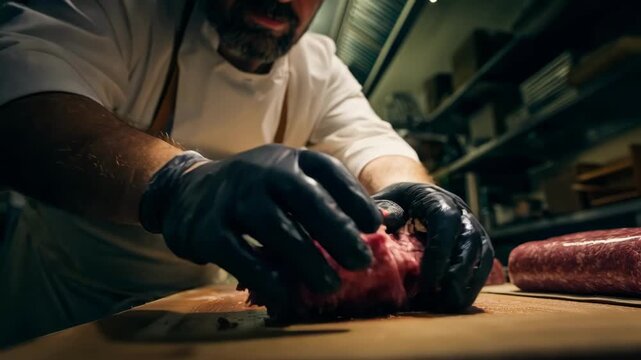 Medium shot of a sausage maker stuffing the seasoned meat blend into casings emphasizing craftsmanship and precision in artisanal sausage making