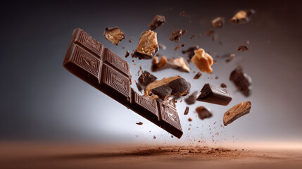 broken chocolate bar in mid-air with floating pieces