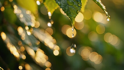 Leaves with glistening water droplets on a natural background showcasing tranquility and rejuvenation, perfect for visual storytelling or advertising campaigns focused on wellness, relaxation.