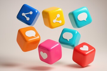 Colorful cubes with generic social media app symbols floating on clean background