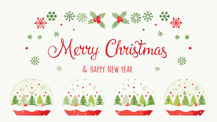 Festive merry christmas and happy new year greeting with snow globes and snowflakes border