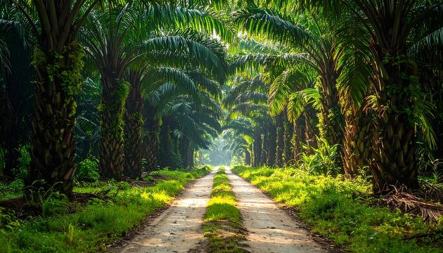 A dirt road stretches through a dense palm tree plantation, creating a symmetrical path. - Powered by Adobe