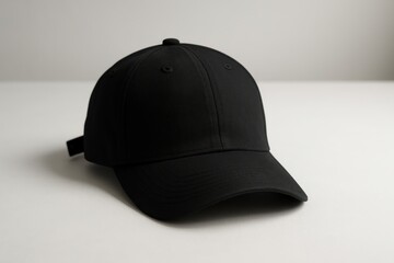 Fototapeta premium Minimal black baseball cap on white tabletop clean adjustable strap apparel mockup scene