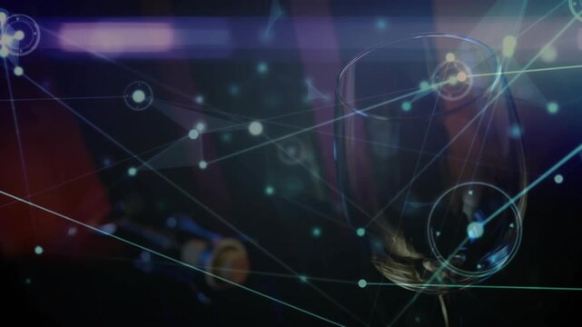 HUD network appearing and sliding across table, casting shifting glows on wine glass for showcase