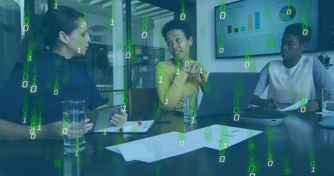 Three women reviewing business charts, center speaker leaning starting green overlay over table