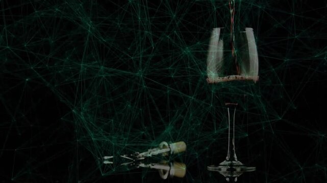 Thin wine stream starting, pouring into glass, rising, mirroring green web on gloss, showing level