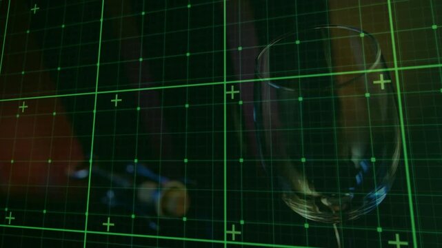 Green digital grid activating and scanning across dim table, crossing wine glass to map highlights