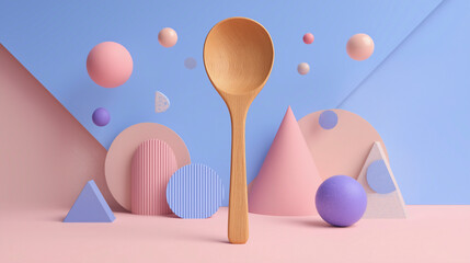 Whimsical Wooden Spoon Amidst Pastel Geometric Shapes Still Life