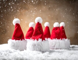 Red Santa hats on a snowy surface with snowflakes falling