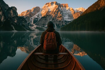 Solo traveler at dawn in wooden canoe facing alpine peaks on still mirror lake