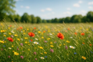 Spring meadow of wildflowers swaying in warm breeze under blue sky with soft bokeh
