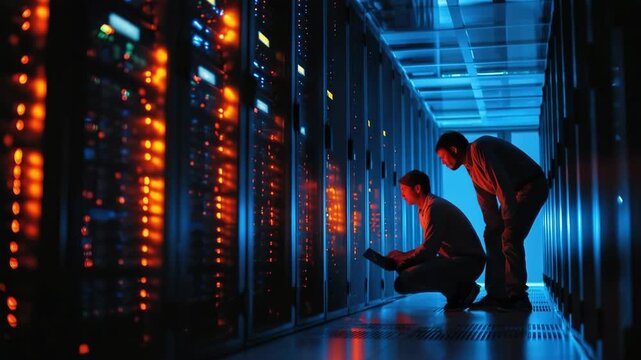 Generative AI. Two technicians, one crouching and one standing, are inspecting server racks in a data center, illuminated by vibrant blue and orange lights, showcasing modern technology and teamwork
