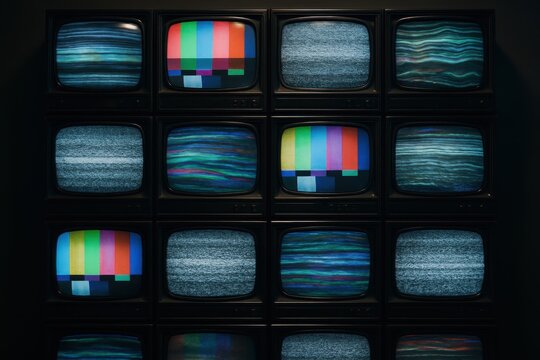 Stacked retro CRT screens with glitch art and vivid broadcast color mosaic