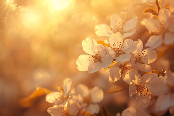 breathtaking spring morning where cherry blossoms are illuminated by soft golden light