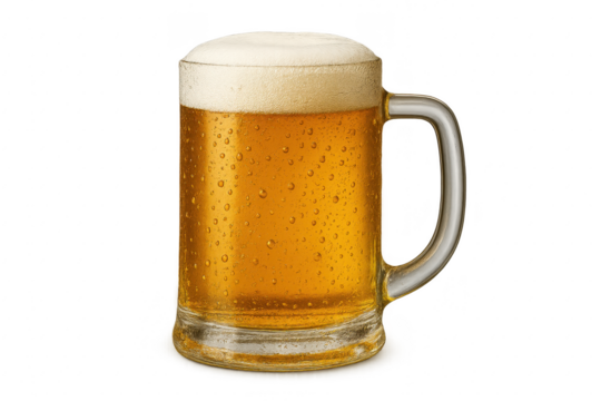 Crystal clear beer mug with realistic condensation drops isolated on transparent background