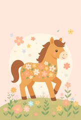 Fototapeta premium 花柄模様のかわいい馬のイラスト
