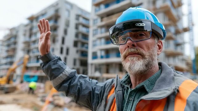 Generative AI. Senior construction worker wearing safety helmet and glasses is directing traffic on a busy construction site, surrounded by machinery and ongoing building projects