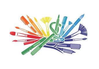 An arrangement of art supplies brushes and pens in rainbow order