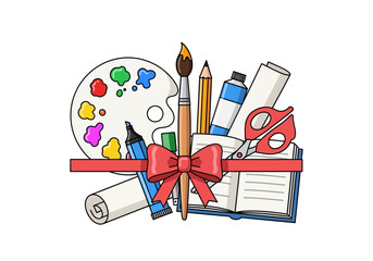 Art supplies including a palette brush pencil paint and scissors tied with a ribbon