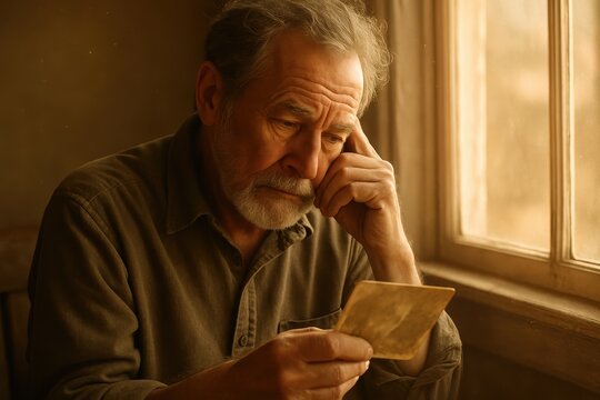 Elderly man gently holding vintage portrait reflecting on memories by soft window light
