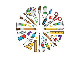 Art tools arranged in a circle brushes paint tubes palette scissors ruler eraser pencil compass ink and splashes of paint