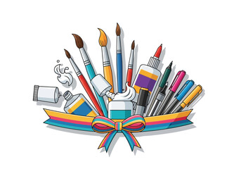 Craft supplies paintbrushes pens glue paint tubes ribbon and a bow