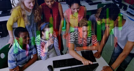 Central student typing and analyzing candlestick chart data, classmates pointing in school lab - Powered by Adobe