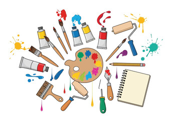 The image displays art supplies paints brushes palette roller pencil knife tool and notebook