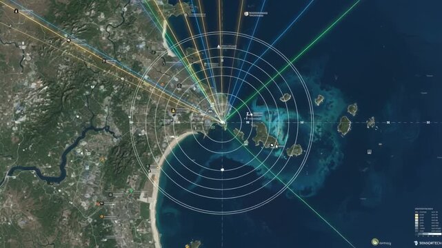 Satellite sensor scanning coastal regions providing extensive coverage for mapping and resource management.