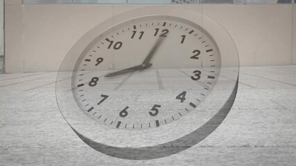 Clock overlay starting as hands sweeping while pedestrians crossing plaza, showing time passing - Powered by Adobe