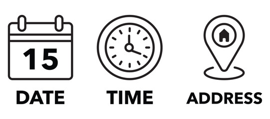 Calendar, clock, and map pin icons — date, time, and location vector symbols for events.