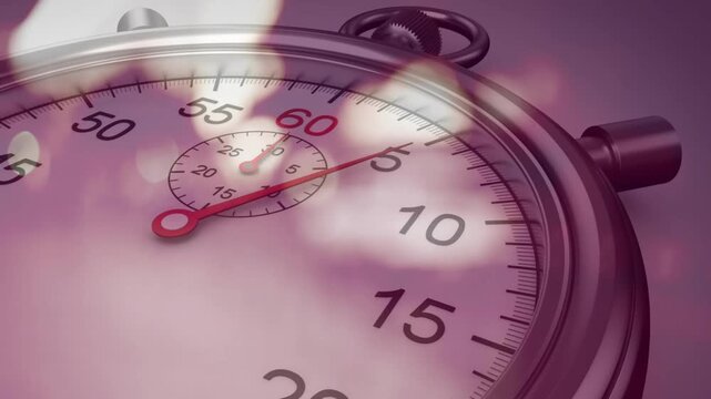Timer starting, stopwatch face sweeping clockwise with red hand, clouds drifting to display time