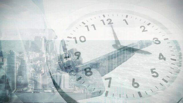Analog clock and plane silhouette advancing as hand near 11 triggers travel and time