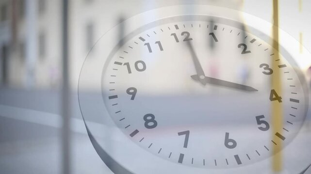 Pedestrian entering left starting, clock hands rotating clockwise, faint clock showing time passing