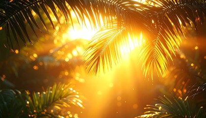 Sunlight streams through palm leaves, creating a warm, golden glow and bokeh effect in the background.