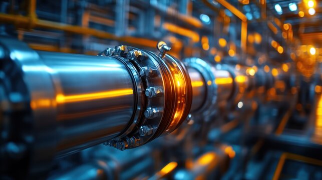 Close-up of industrial pipeline with a bolted metal flange connection, reflecting vibrant orange and blue light in a modern factory setting.