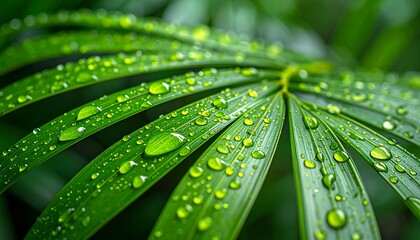 Close-up of a vibrant green palm leaf covered in glistening water droplets.