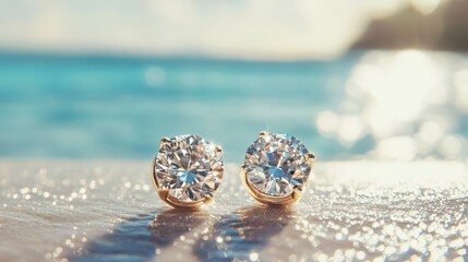 sparkling solitaire earrings delicately placed on the glistening shore, creating a captivating juxtaposition against the tranquil ocean backdrop