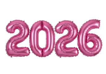 Pink foil balloon form the number 2026 on transparent background 