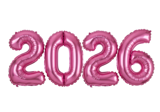 Pink foil balloon form the number 2026 on transparent background 