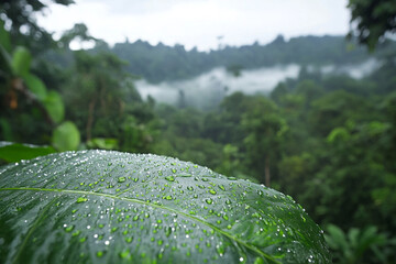 broad jungle leaf covered in glistening raindrops, with misty rainforest in the background