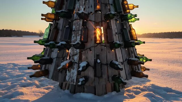 Repurposed Bottle Christmas Tree Glowing at Sunset in a Snowy Winter Landscape