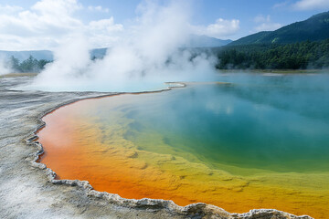 Bubbling Hot Springs in a Misty Geothermal Valley Steam rises from mineral-rich pools, creating an otherworldly geothermal wonderland