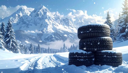 A snowy mountain vista with stacked tires, a snow-covered road, and evergreen trees. Sunlight glistens and snowflakes fall