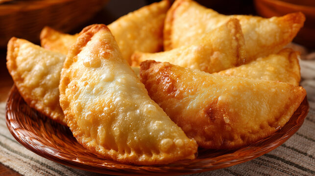 pasteis frito  em uma bandeja r&uacute;stica 