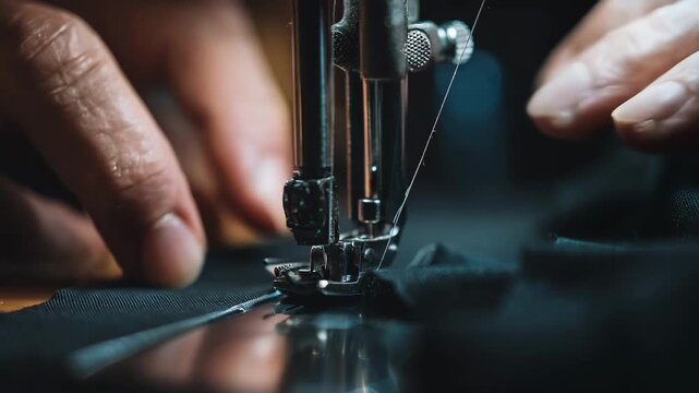 Closeup medium shot of a sewing machine operator manually adjusting thread tension knob to achieve precise stitch quality on fabric.
