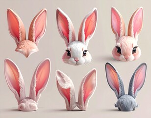 Six illustrations of adorable, cartoon rabbit ears with various colors and styles