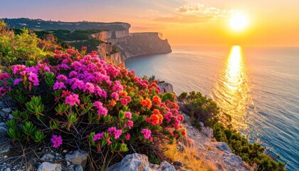 Vibrant Pink and Orange Flowers Bloom on a Rocky Cliffside Overlooking a Sparkling Ocean Sunset with Golden Light Reflecting on the Water